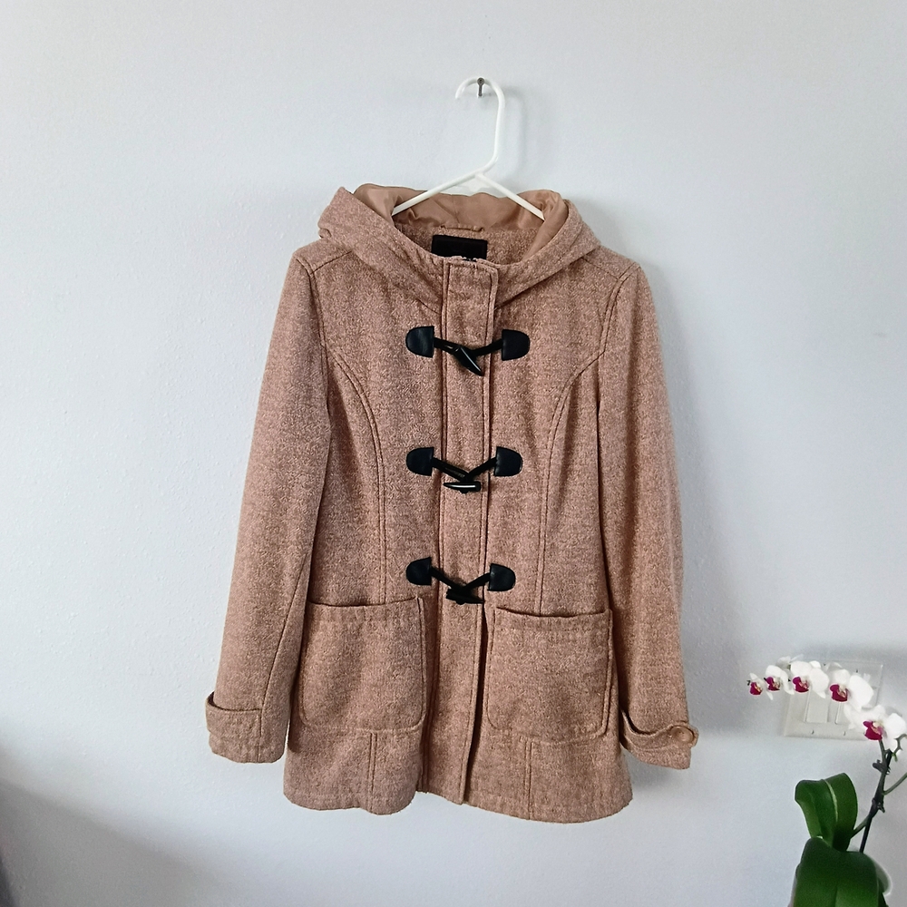 Yoki Wool Blend Toggle Coat Womens Medium Hooded Tan Peacoat Jacket